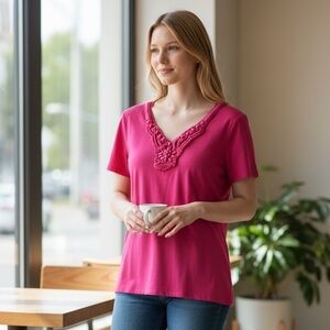 Talbots Fuchsia Embellished Short Sleeve Top
